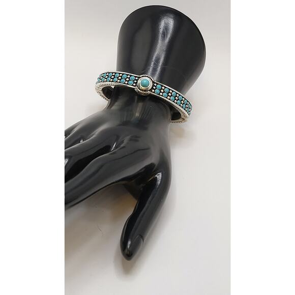 Brighton Turquoise Dot Hinged Bangle Bracelet Silver Tone - Picture 9 of 10